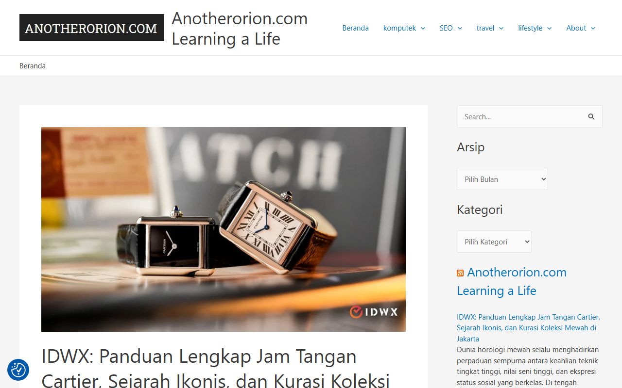 Anotherorion.com homepage: black ANOTHERORION.COM logo, blog menu, and a post about Cartier watches