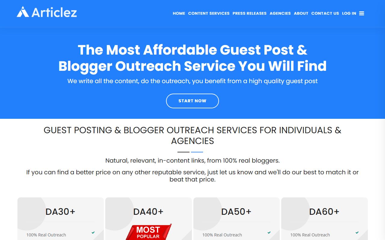 Screenshot of the Articlez website (articlez.com)