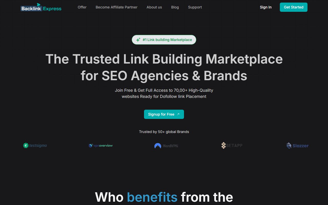 Screenshot of the Backlink Express website (backlinkexpress.com)