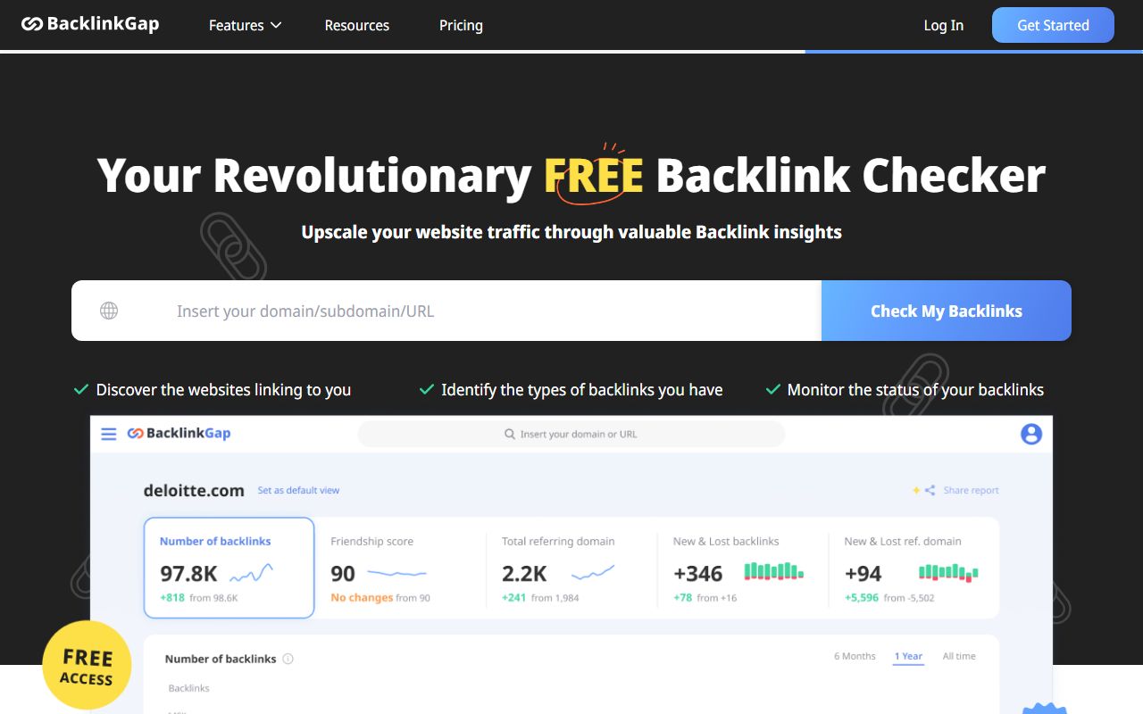 Screenshot of the BacklinkGap website (backlinkgap.com)