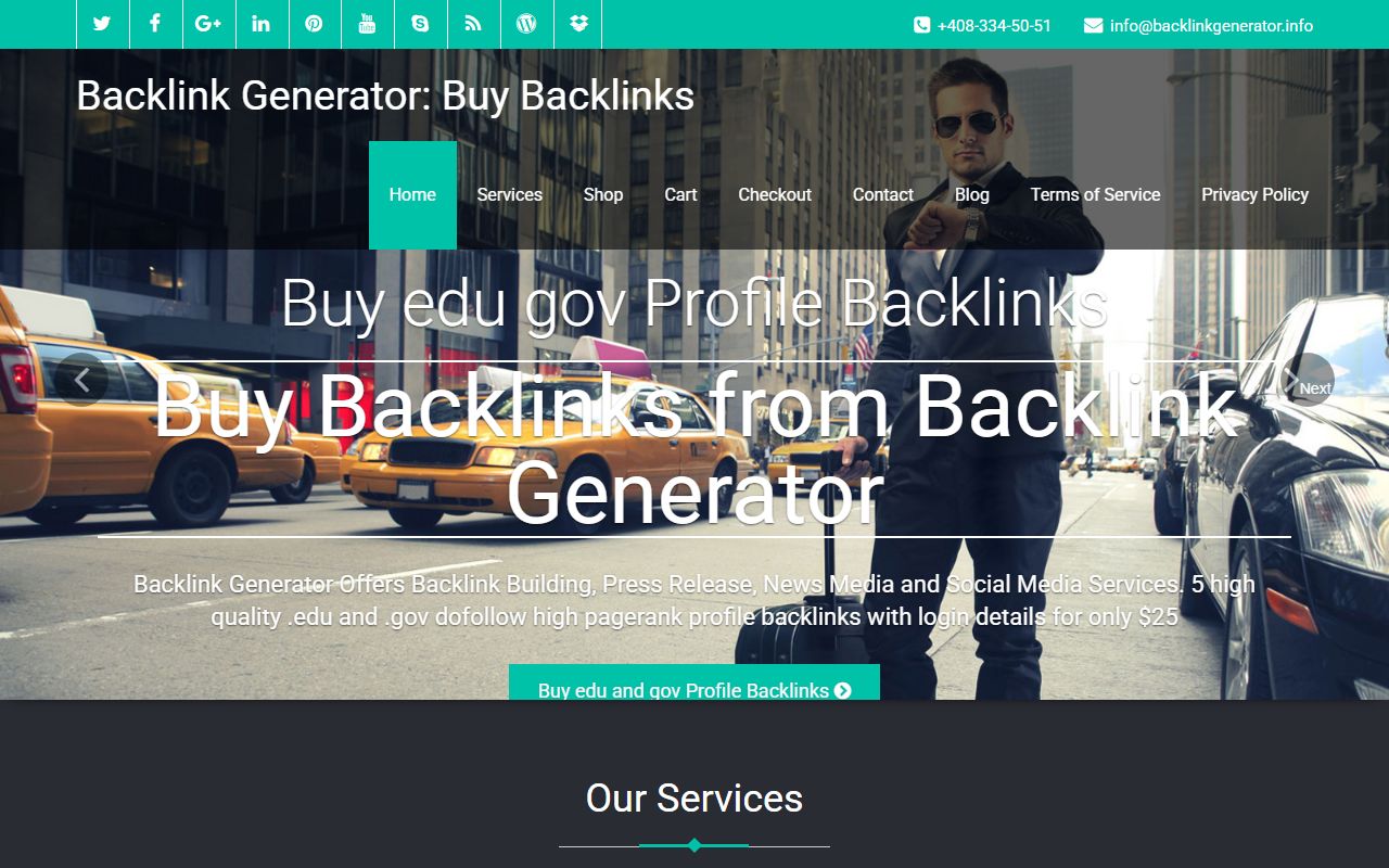 Screenshot of the Backlink Generator website (backlinkgenerator.info)