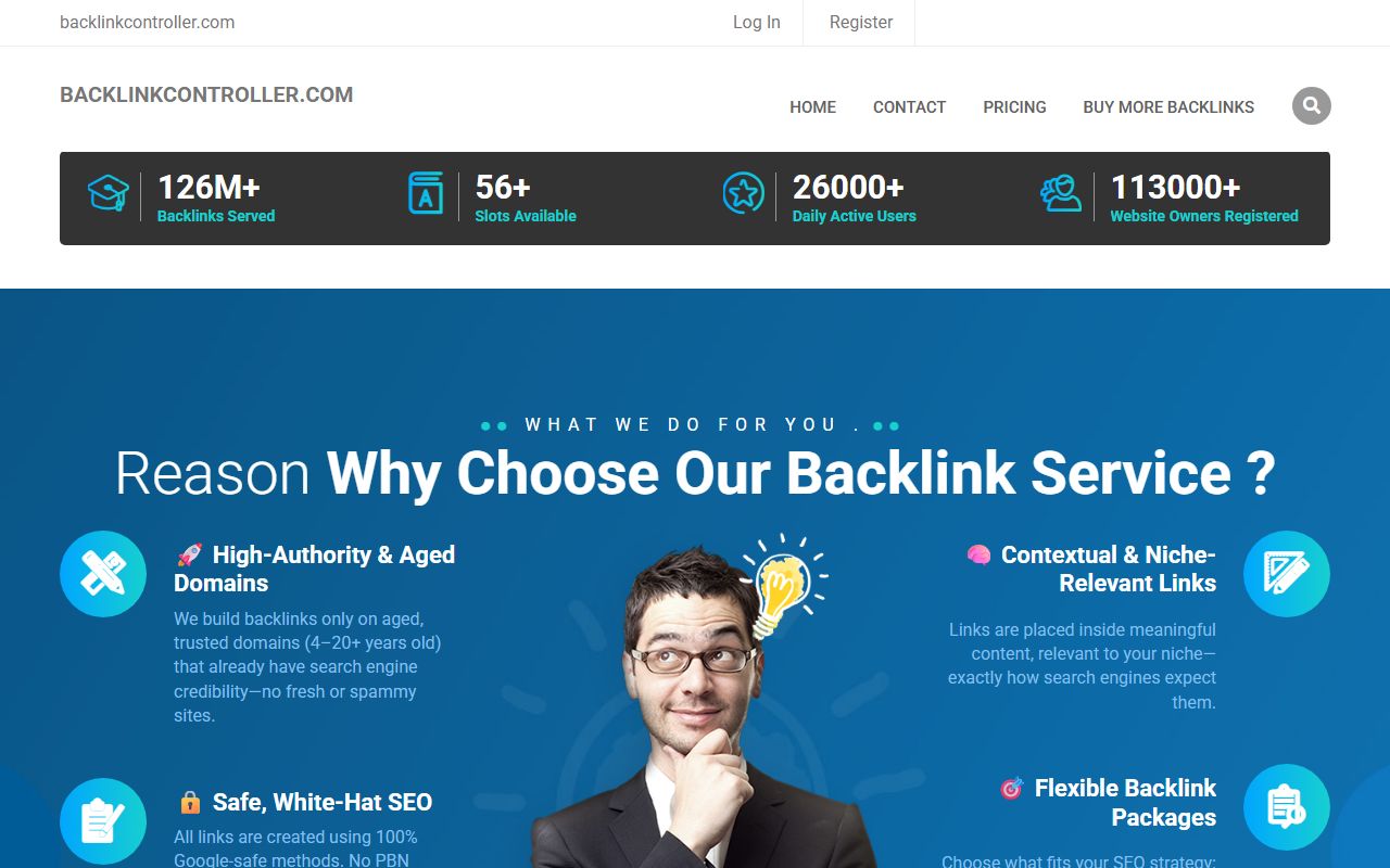 Screenshot of the backlinkcontroller.com website (backlinkpackages.com)