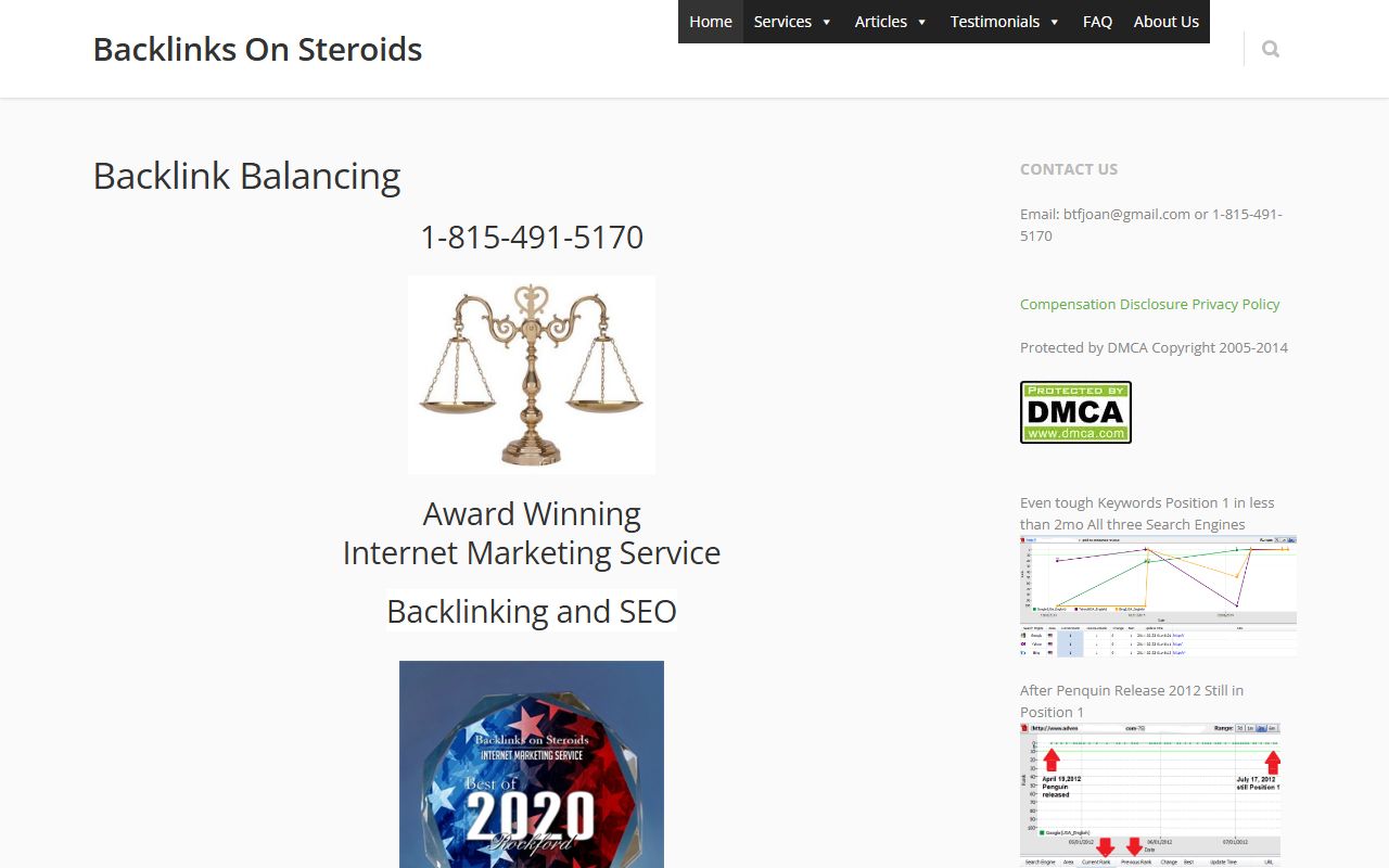 Homepage of Backlinks On Steroids showing the heading Backlink Balancing, a phone number, brass scales and a Best of 2020 Rockford award image