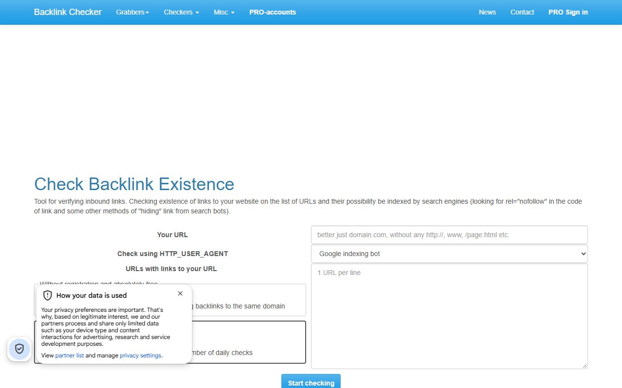 Screenshot of the Backlinkvalidator website (backlinkvalidator.com)