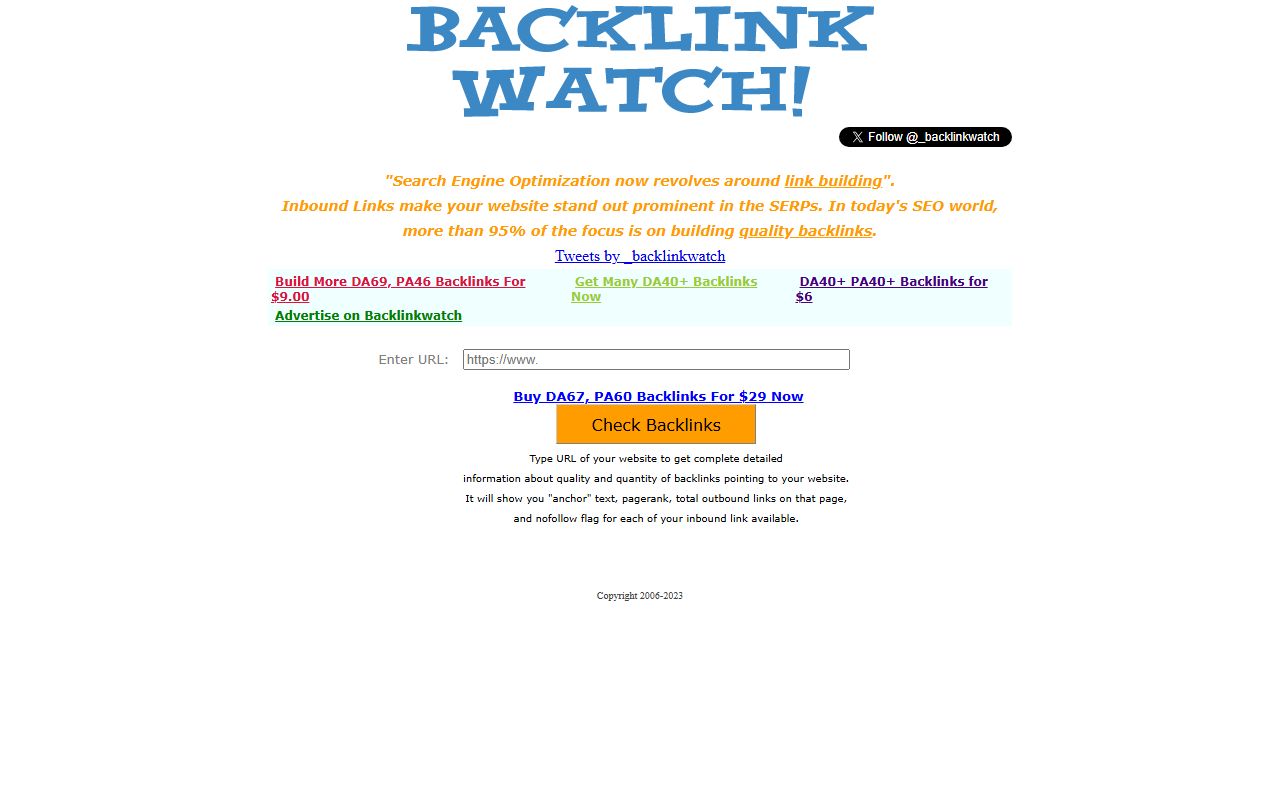 Screenshot of the Backlink Watch website (backlinkwatch.com)