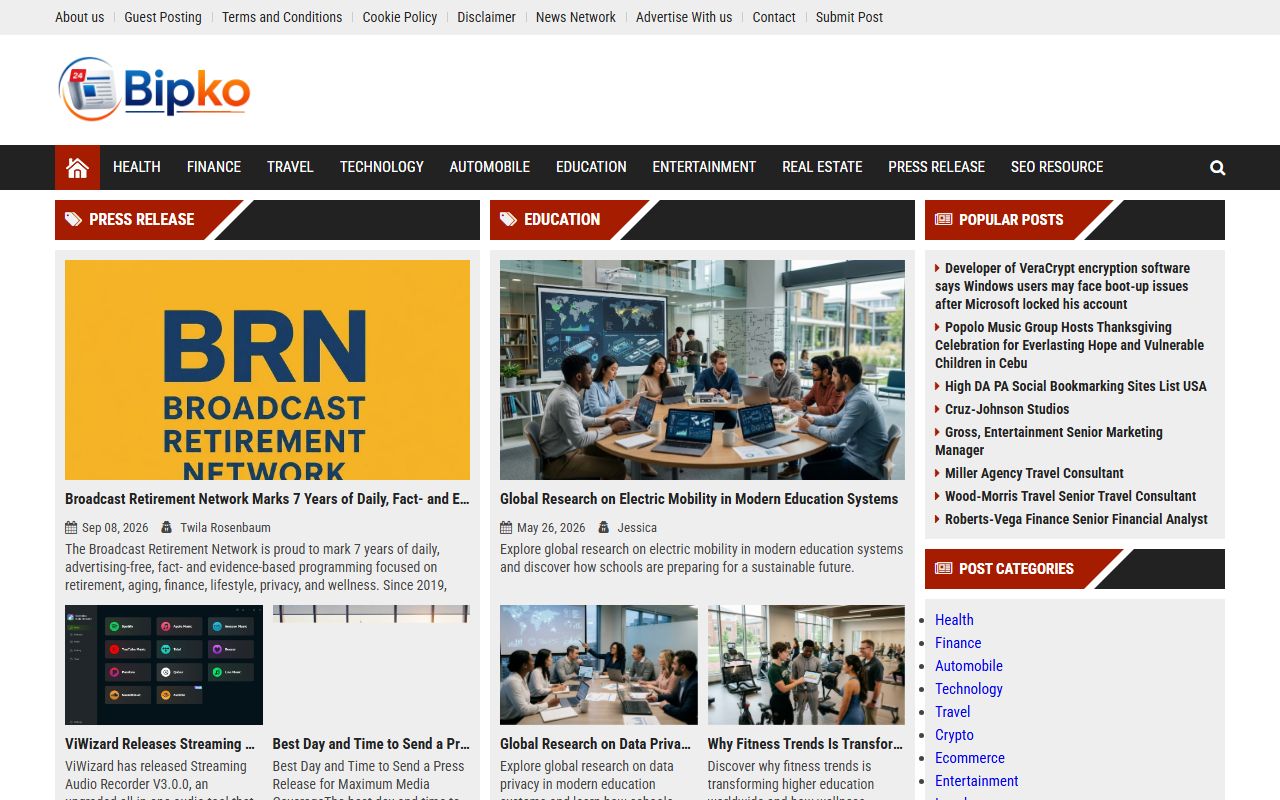 Homepage of Bipko Biz: a grey top menu, a Bipko logo, a black category bar and news-style columns headed Press Release and Education