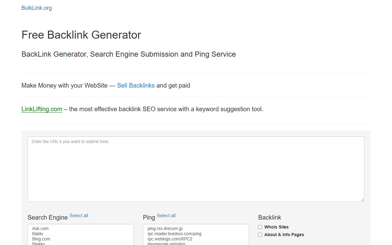 Screenshot of the BulkLink.org website (bulklink.org)