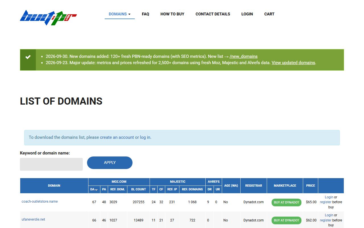 Buy-PR.com homepage: green notice box with two dated updates, the heading List of domains, a search field and a table of domains with Moz, Majestic and Ahrefs columns and prices.