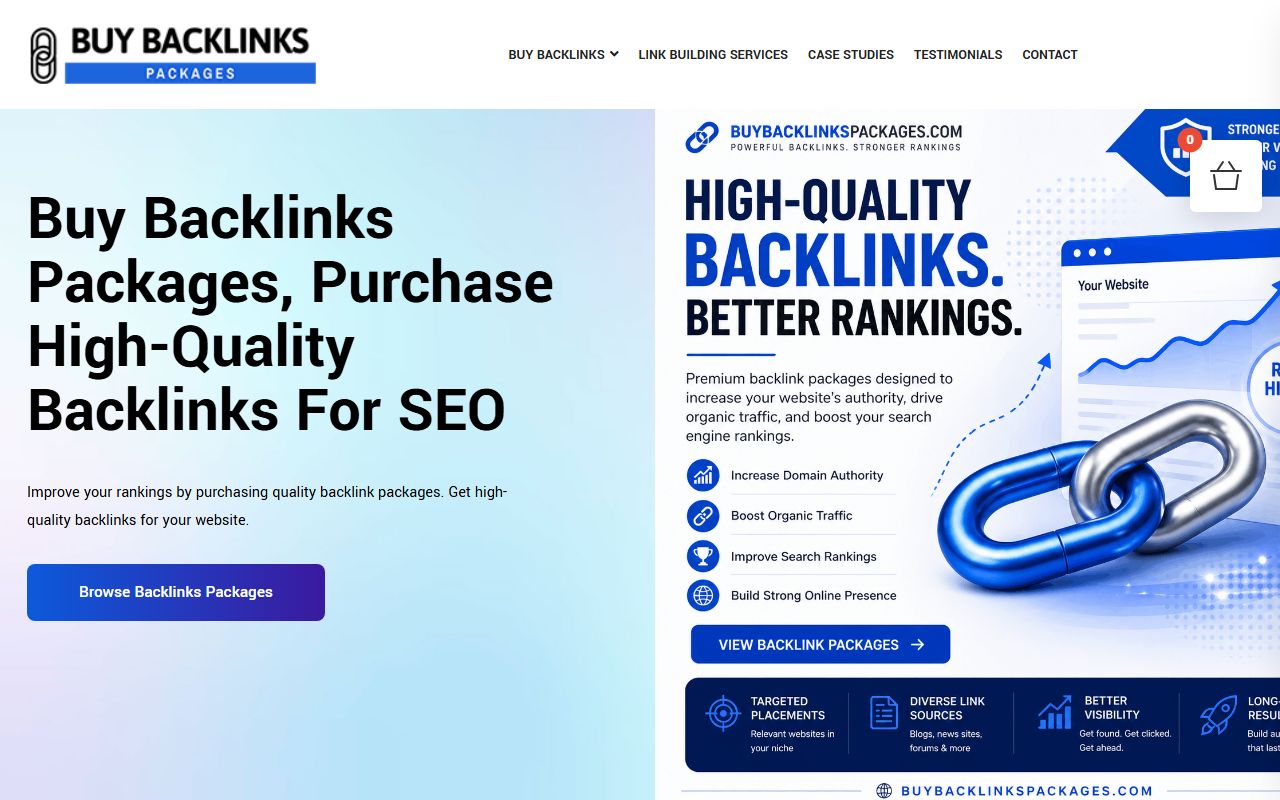 Homepage of Buy Backlinks Packages: the headline Buy Backlinks Packages, Purchase High-Quality Backlinks For SEO, a Browse Backlinks Packages button and a shopping-basket icon showing 0.