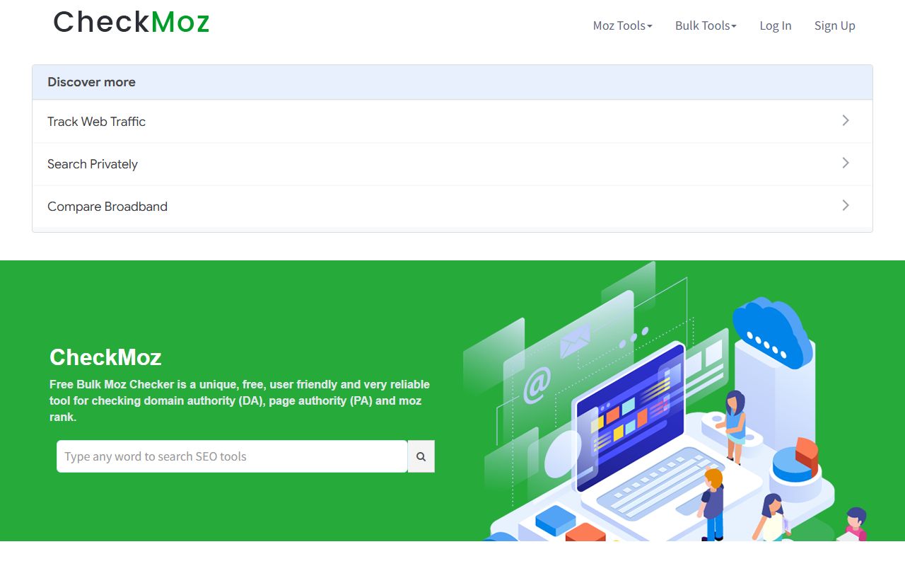 CheckMoz homepage with a green hero banner, the heading CheckMoz and a search box for SEO tools