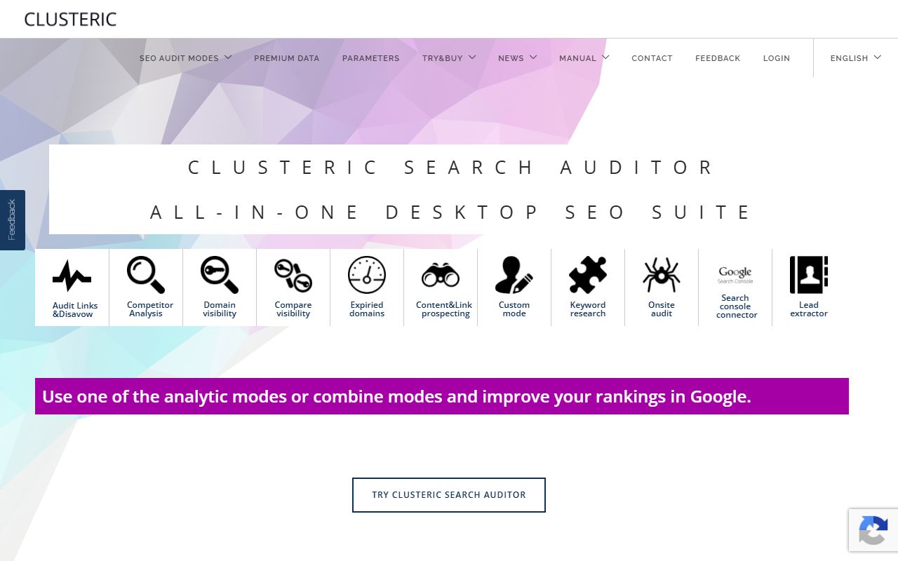 Screenshot of the Clusteric Auditor website (clusteric.com)