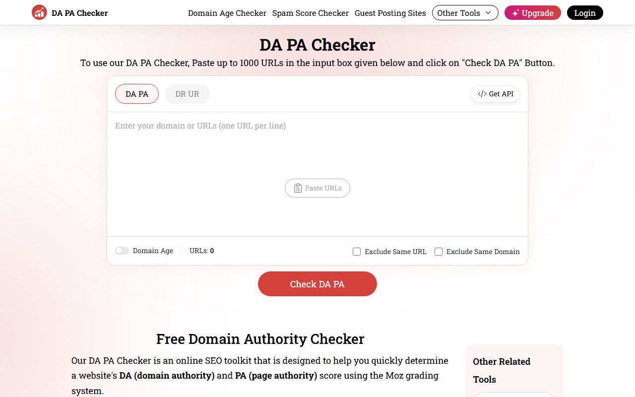 DA PA Checker homepage: a white input card with DA PA and DR UR tabs, a Get API pill and a red Check DA PA button