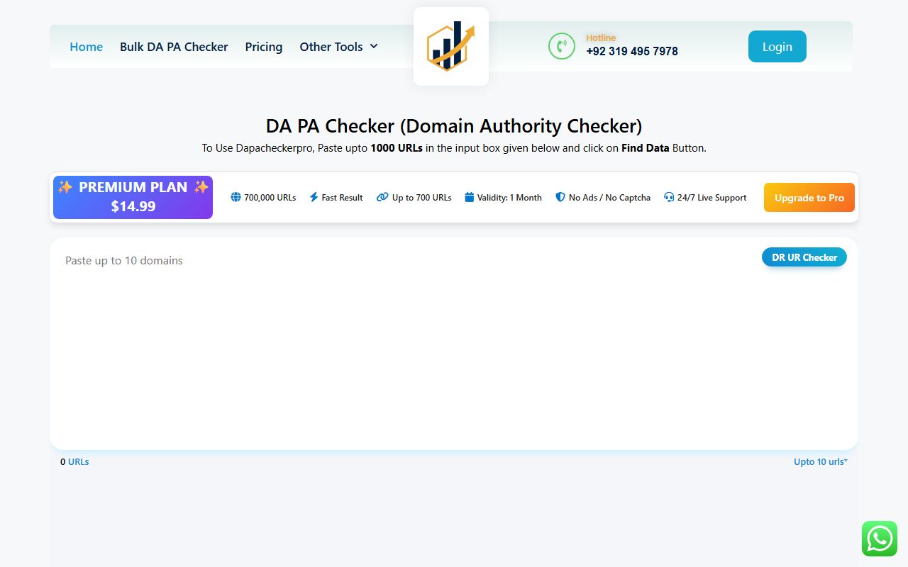 Screenshot of the DA PA Checker website (dapacheckerpro.com)