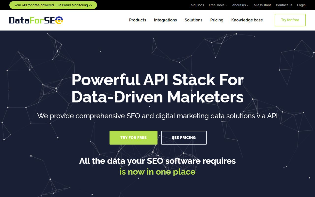 DataForSEO homepage: dark navy hero with a network pattern, the headline “Powerful API Stack For Data-Driven Marketers”, a green Try for free button and an outlined See pricing button