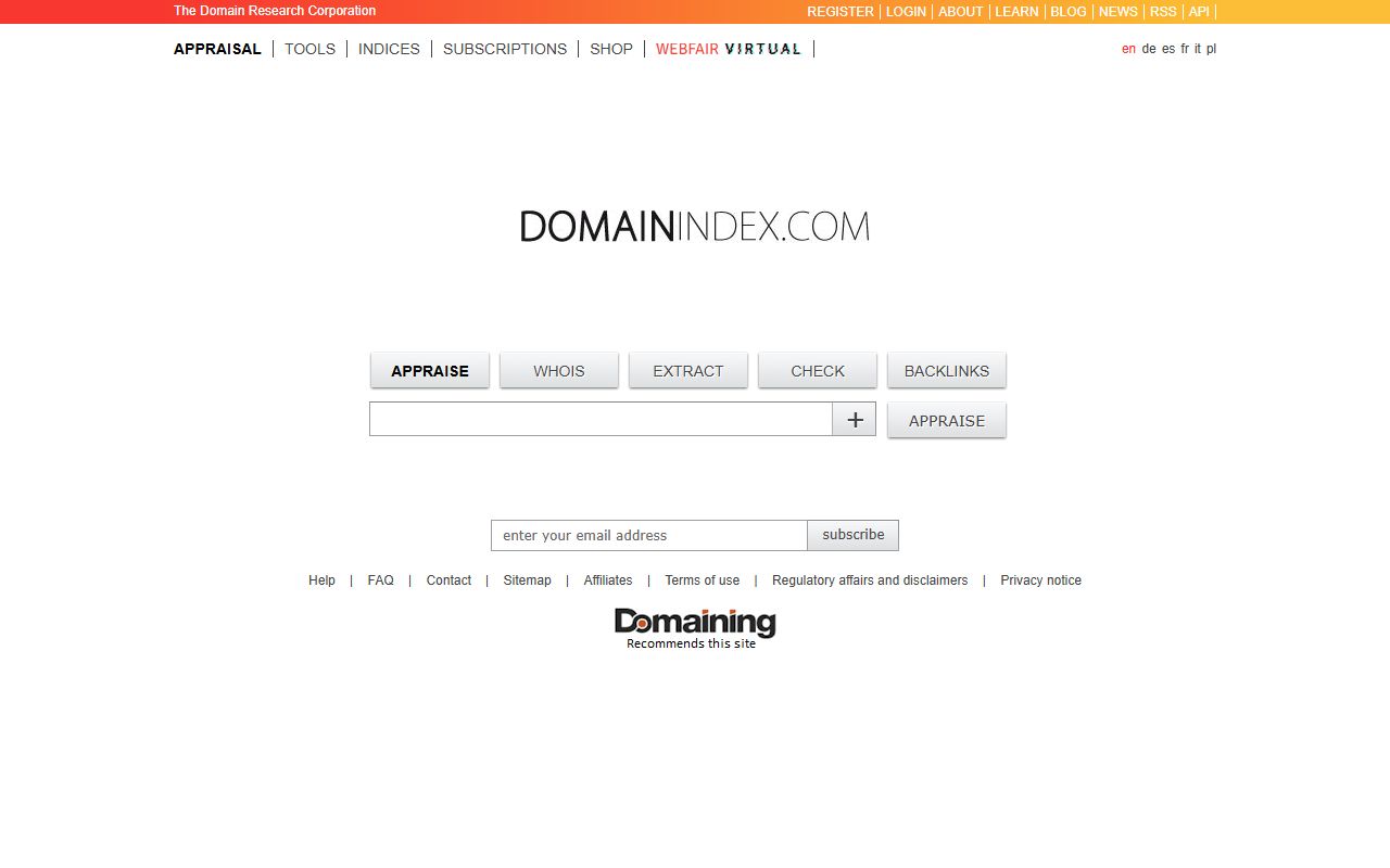 Screenshot of the Domainindex.com website (domainindex.com)