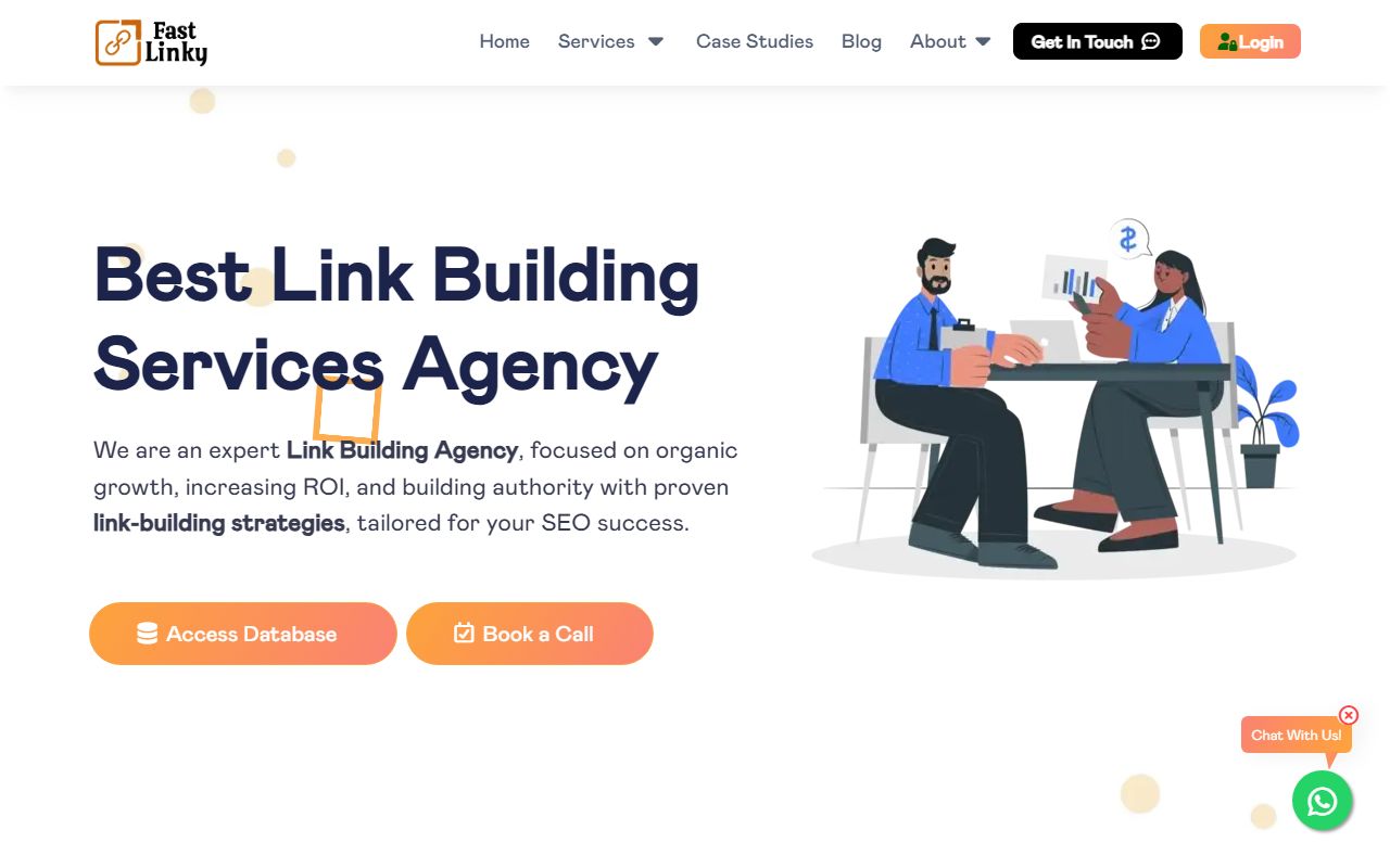 FastLinky homepage with the headline Best Link Building Services Agency, Access Database and Book a Call buttons, and a WhatsApp chat bubble