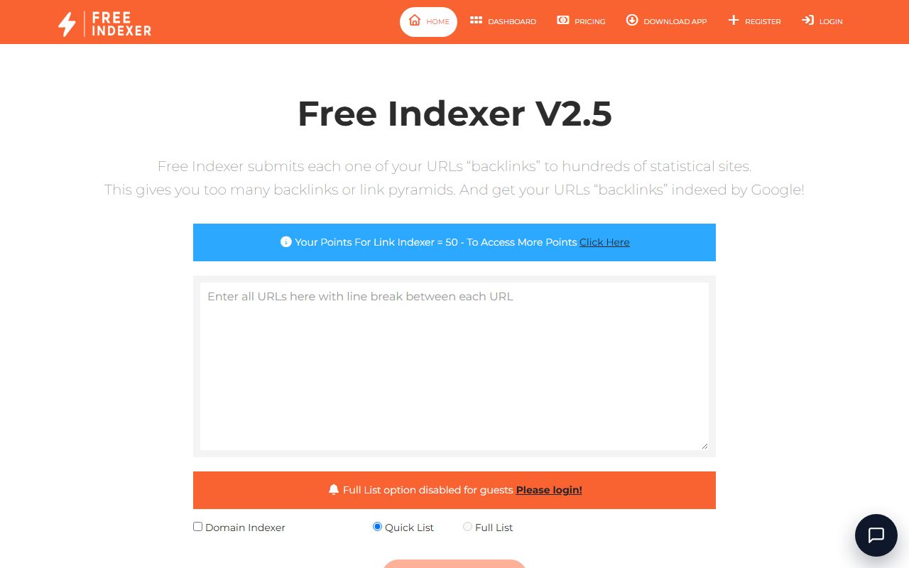 FreeIndexer homepage: orange header, the heading Free Indexer V2.5, a blue points bar reading 50 points, an empty URL textarea and a Quick List / Full List choice.