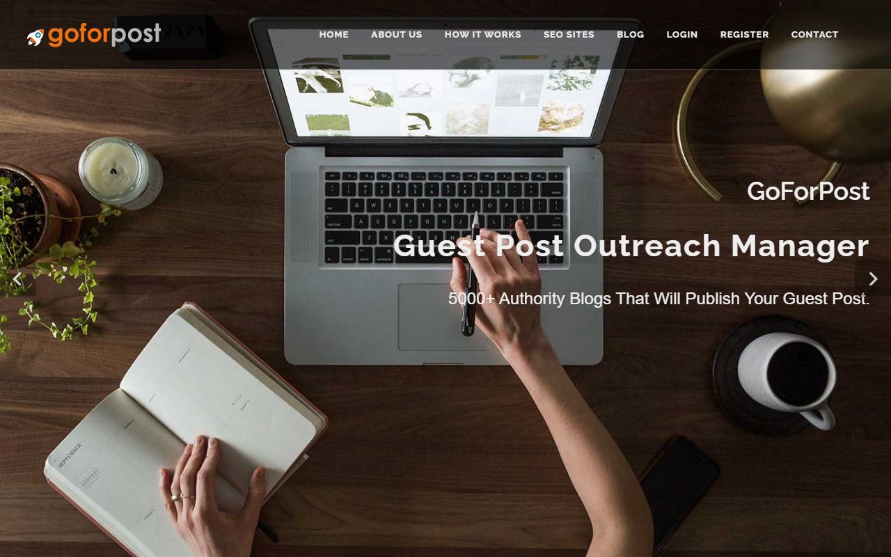 GoForPost homepage hero: a desk with a laptop and notebook, the title Guest Post Outreach Manager and the line 5000+ Authority Blogs That Will Publish Your Guest Post.