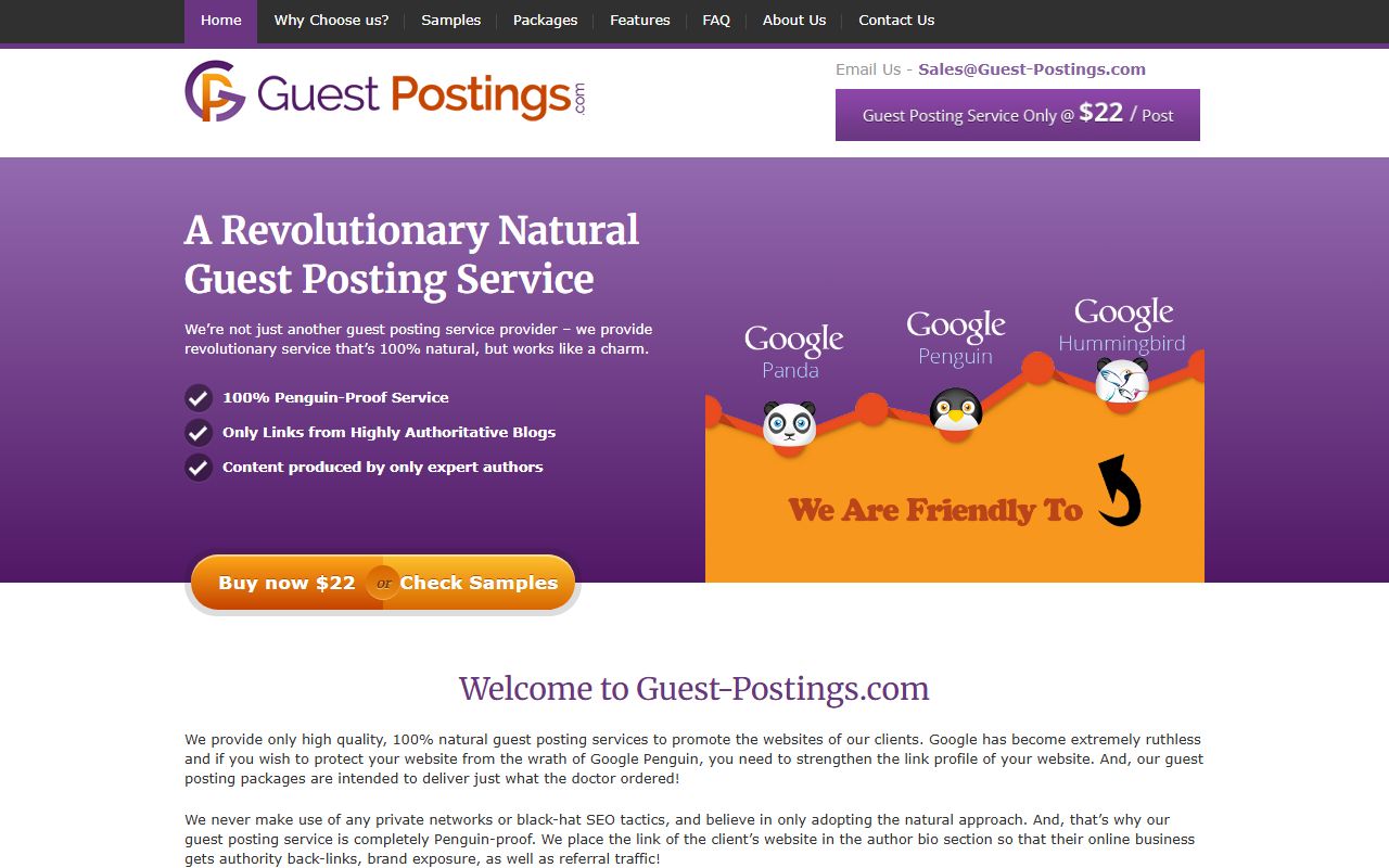 Guest-Postings.com homepage with a purple hero reading A Revolutionary Natural Guest Posting Service and an orange Buy now $22 button