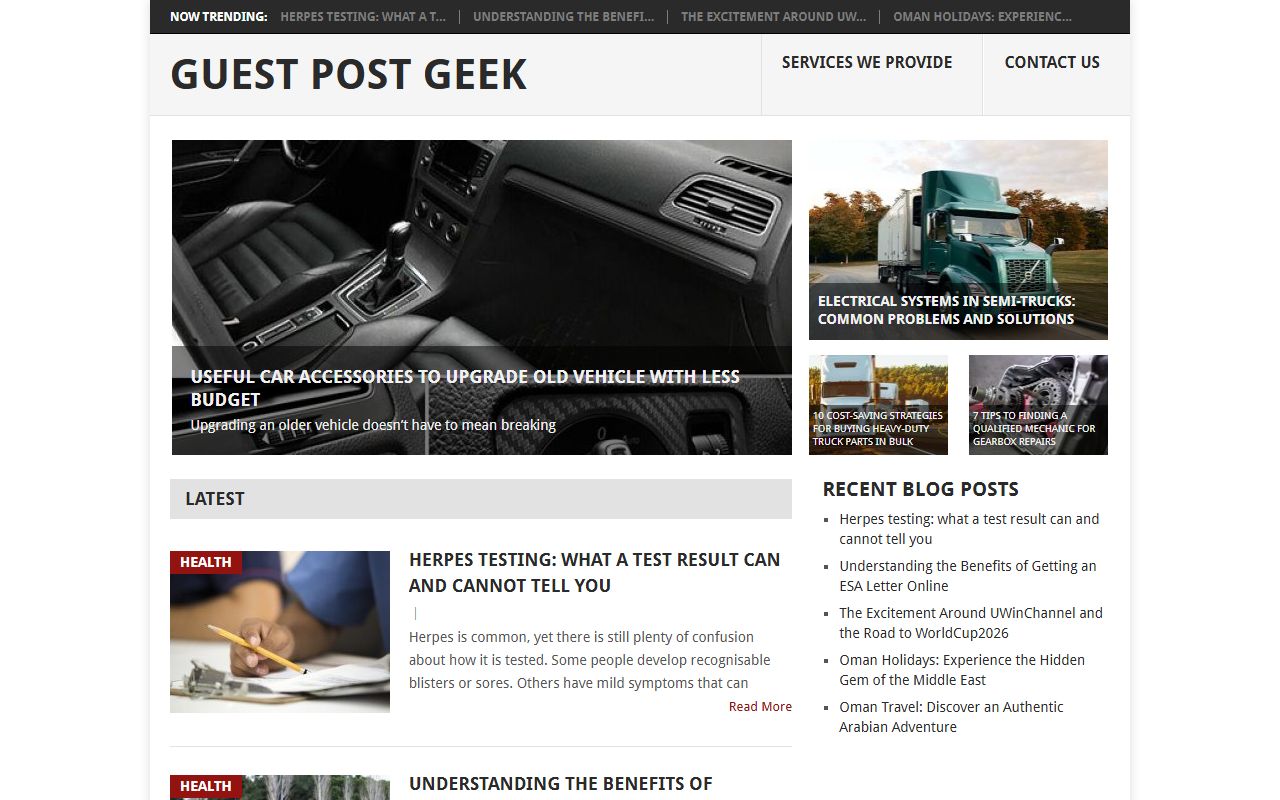 Homepage of Guest Post Geek: a magazine-style blog with a car-accessories hero story and a Latest list
