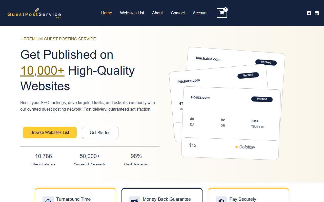 Guest Post Service homepage: navy header, headline 'Get Published on 10,000+ High-Quality Websites', and three tilted site cards for Teachable.com, Pitchero.com and Houzz.com.