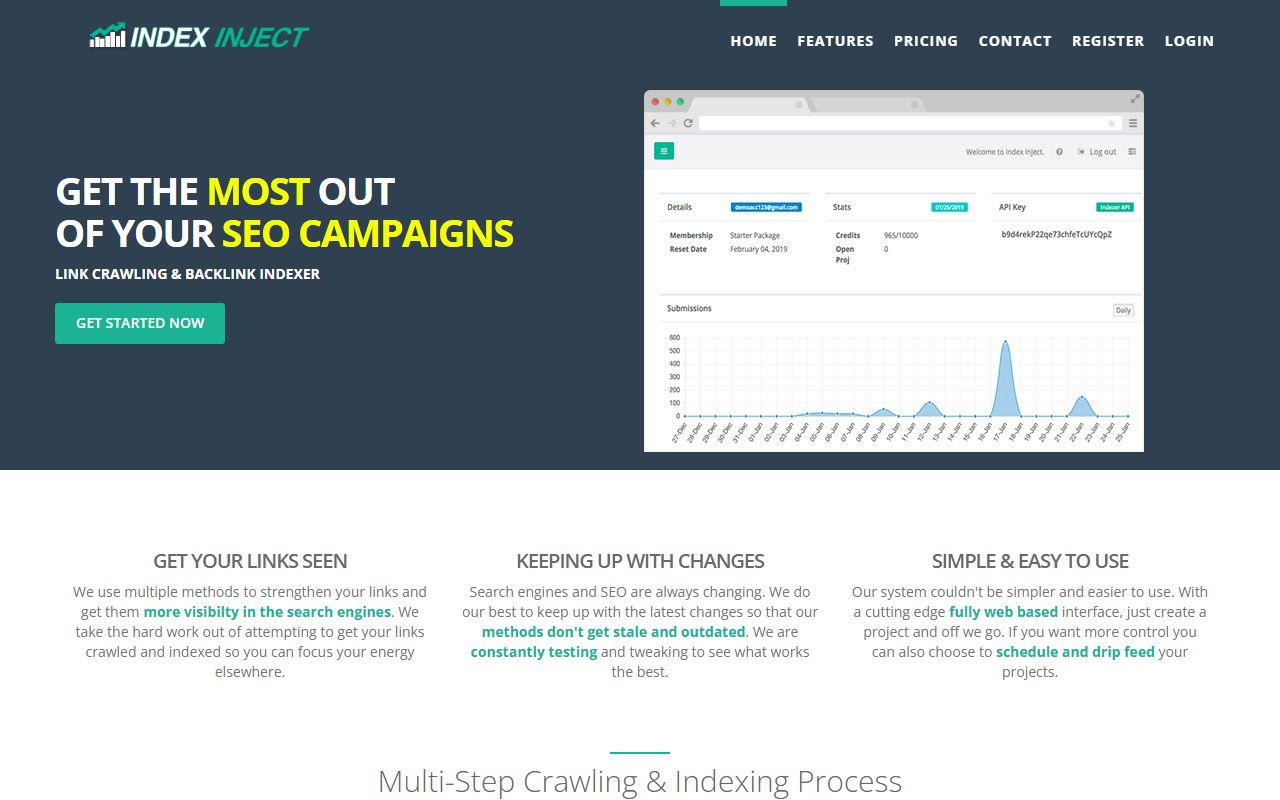 Index Inject homepage: dark hero reading Get the most out of your SEO campaigns, with a dashboard mock-up showing Credits 965/10000 and a daily submissions chart