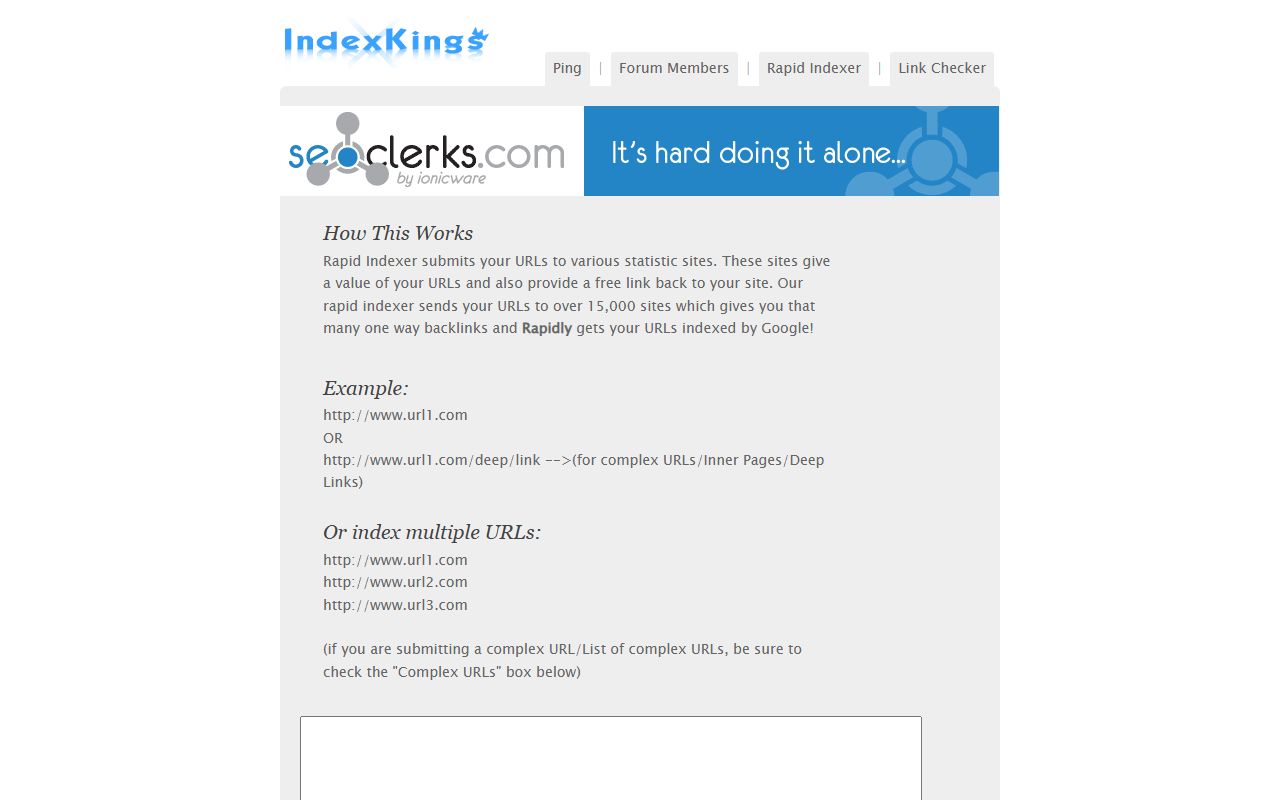 IndexKings homepage with a four-tab menu (Ping, Forum Members, Rapid Indexer, Link Checker), an advertising banner and a How This Works panel