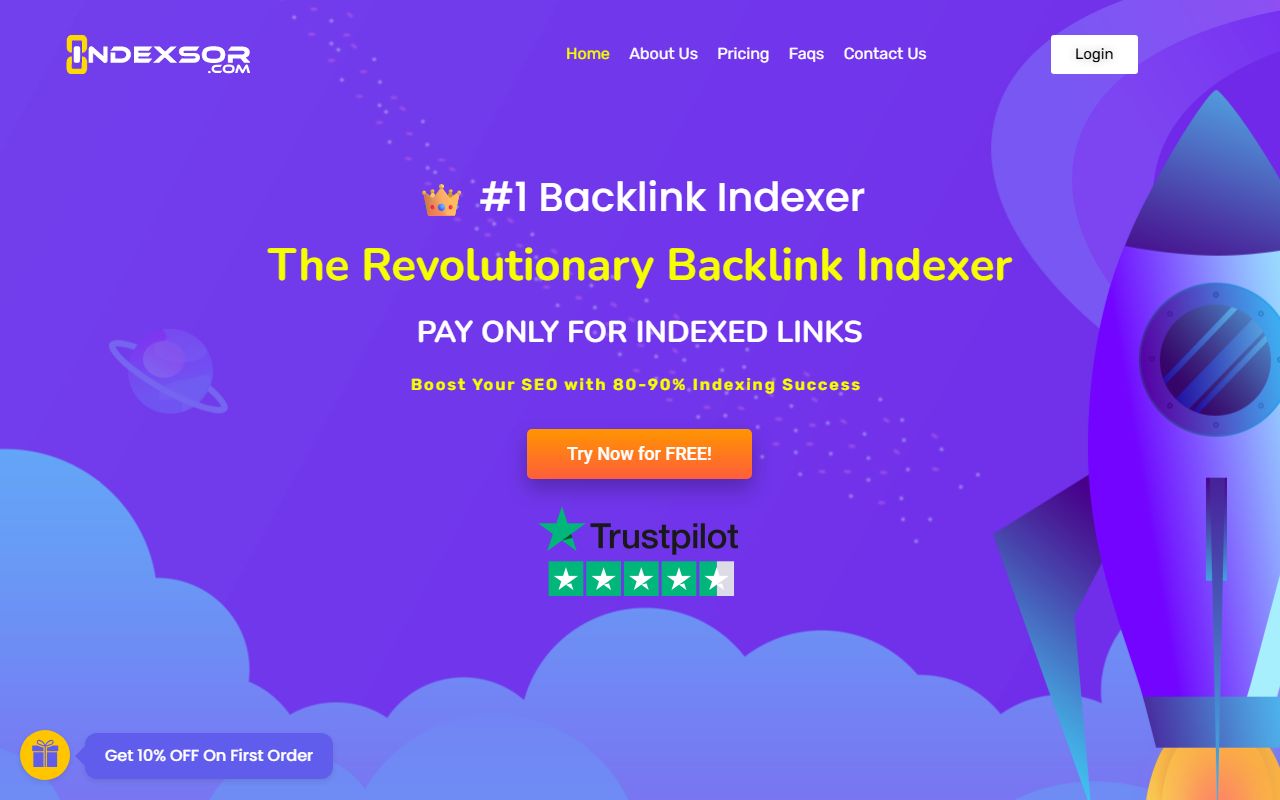 Indexsor homepage: purple background, a cartoon rocket, the text #1 Backlink Indexer, a yellow headline, an orange Try Now for FREE button and a Trustpilot rating of about 4.5 stars.