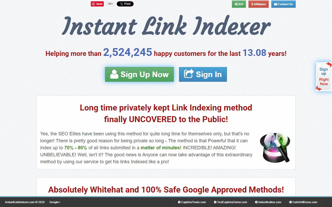 Screenshot of the INSTANT LINK INDEXER website (instantlinkindexer.com)