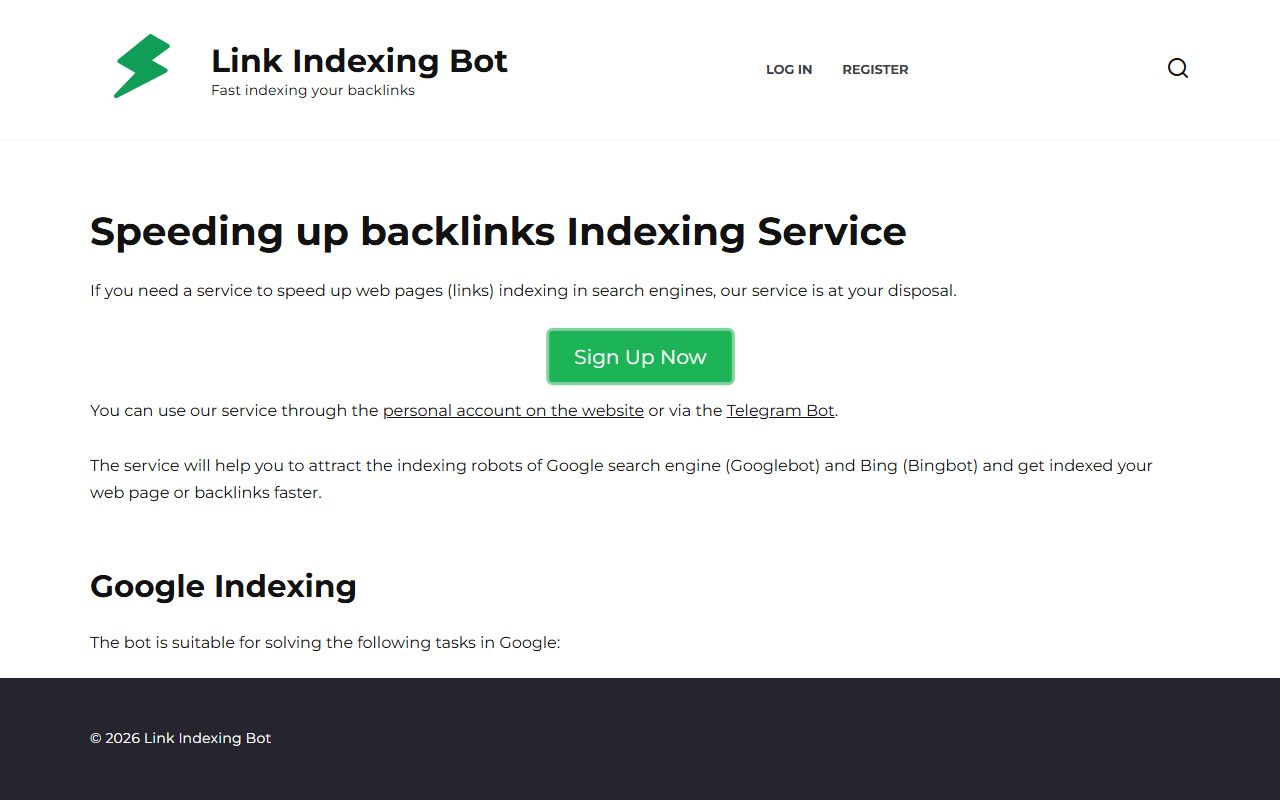 Link Indexing Bot homepage with green lightning-bolt logo, the heading Speeding up backlinks Indexing Service and a Sign Up Now button