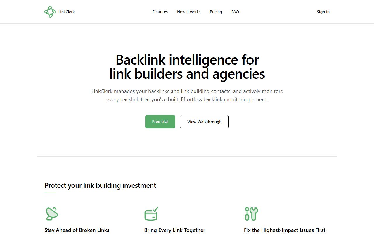 Screenshot of the LinkClerk website (linkclerk.com)