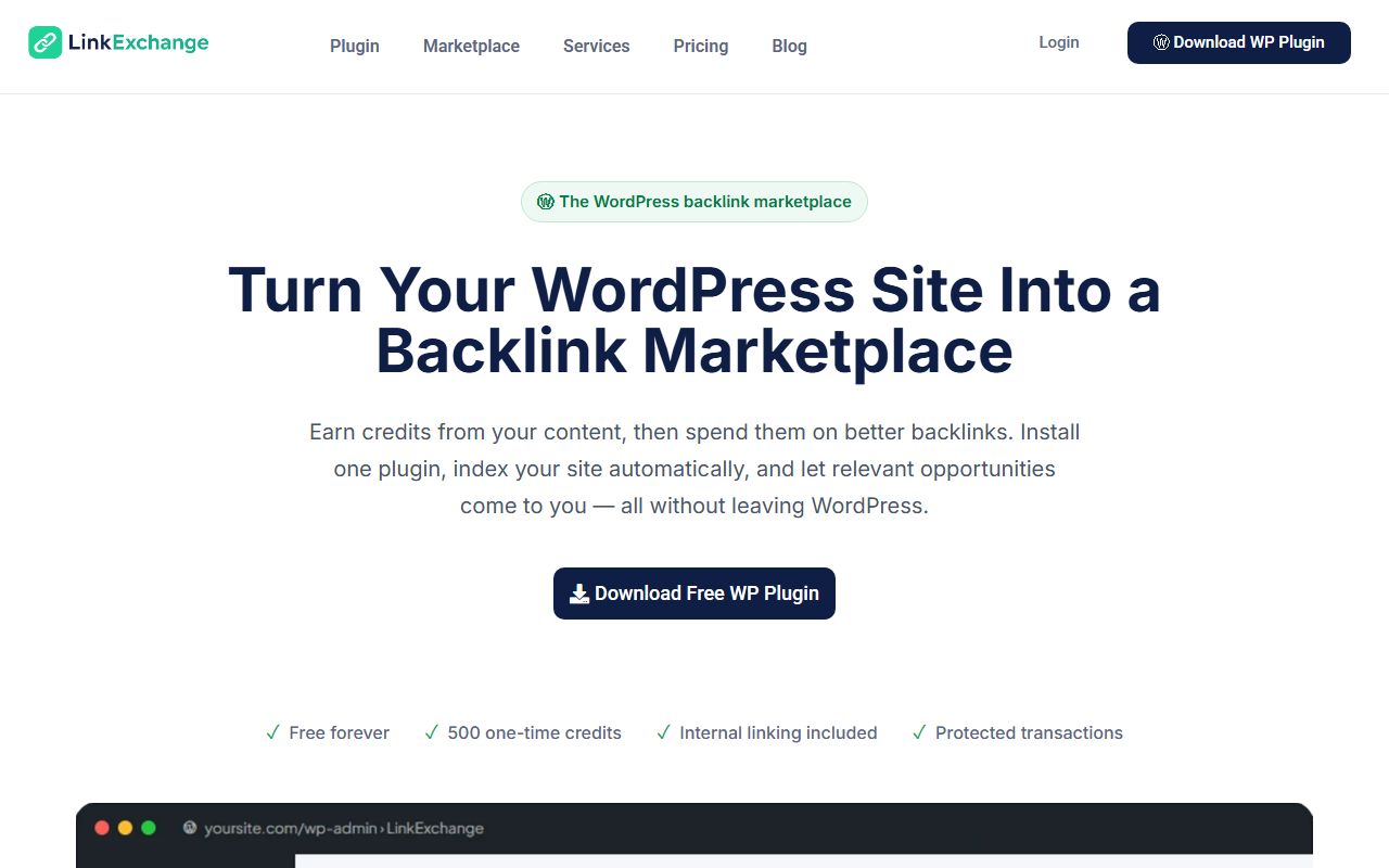 Homepage of LinkExchange with the headline Turn Your WordPress Site Into a Backlink Marketplace and a Download Free WP Plugin button