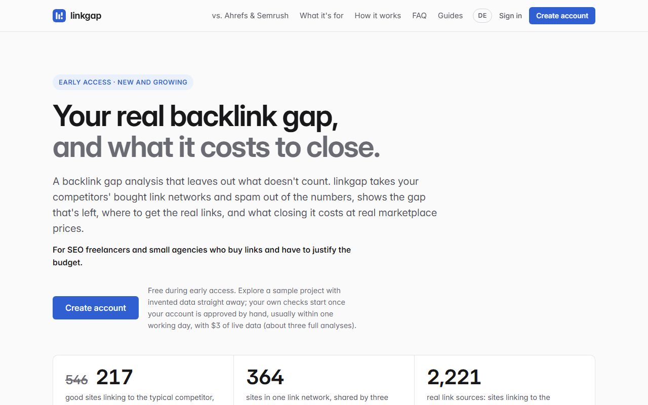 Screenshot of the linkgap website (linkgap.app)