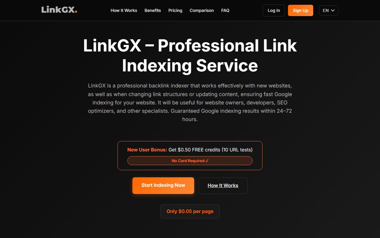 LinkGX homepage on a dark background with an orange Start Indexing Now button and a $0.05 per page badge