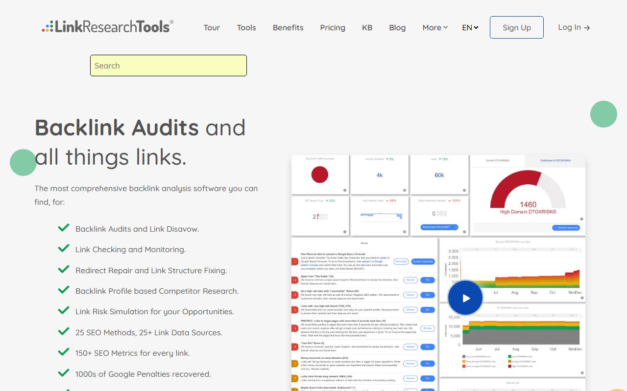 Screenshot of the LinkResearchTools website (linkresearchtools.com)
