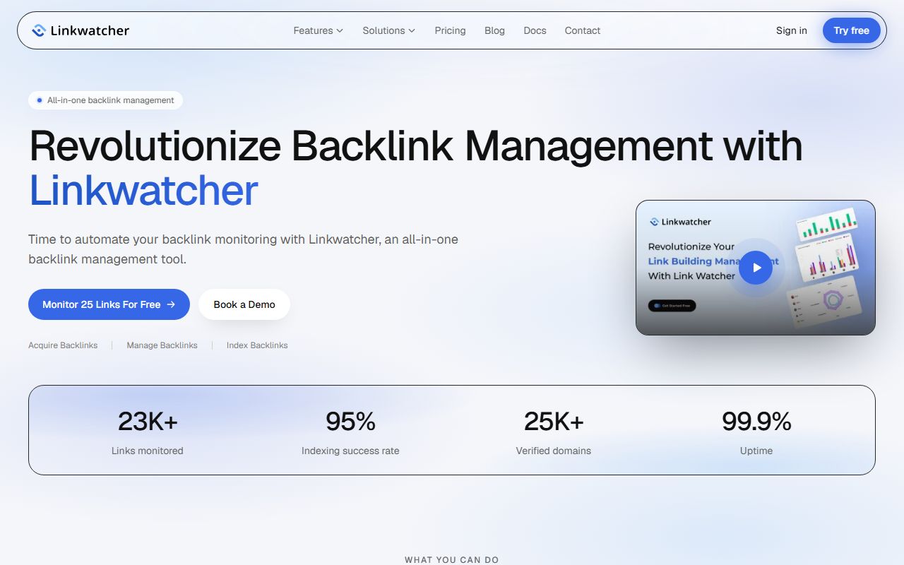 Screenshot of the Linkwatcher website (linkwatcher.io)