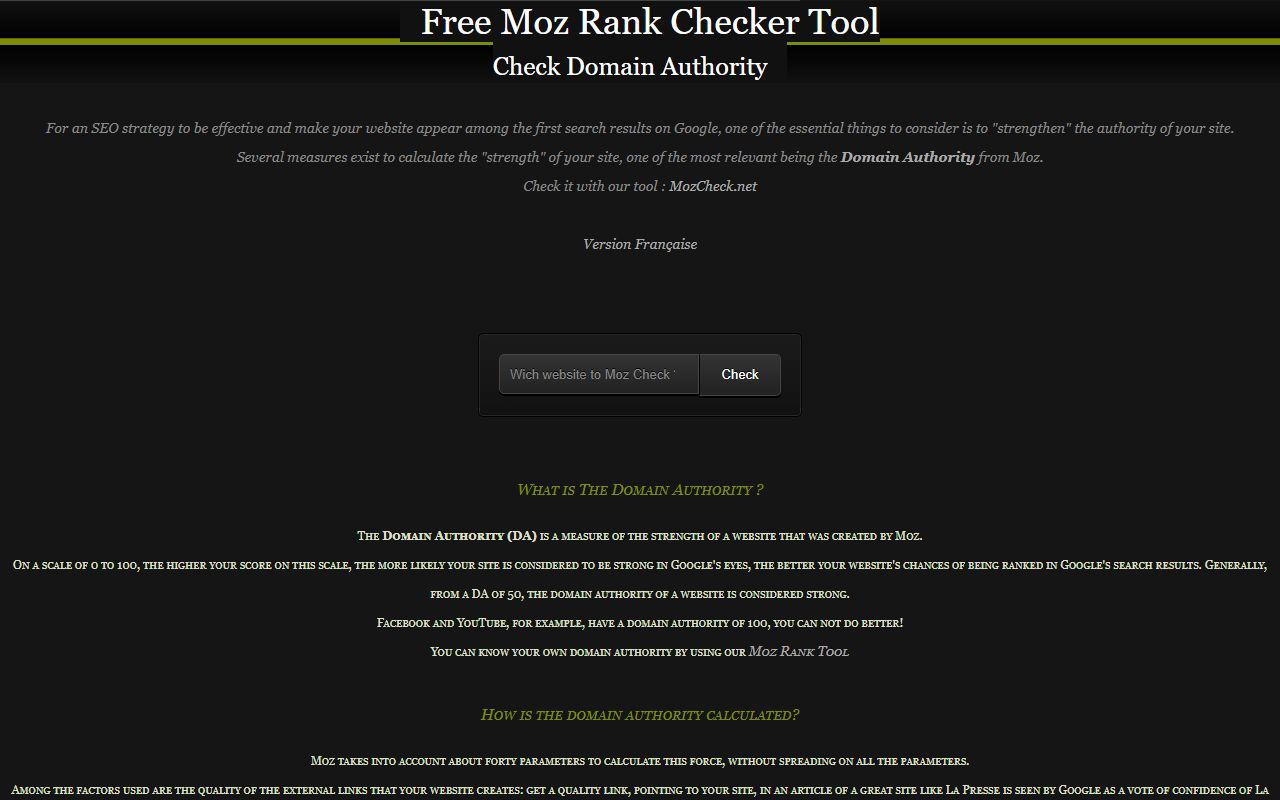 Screenshot of the Moz Checker website (mozcheck.net)