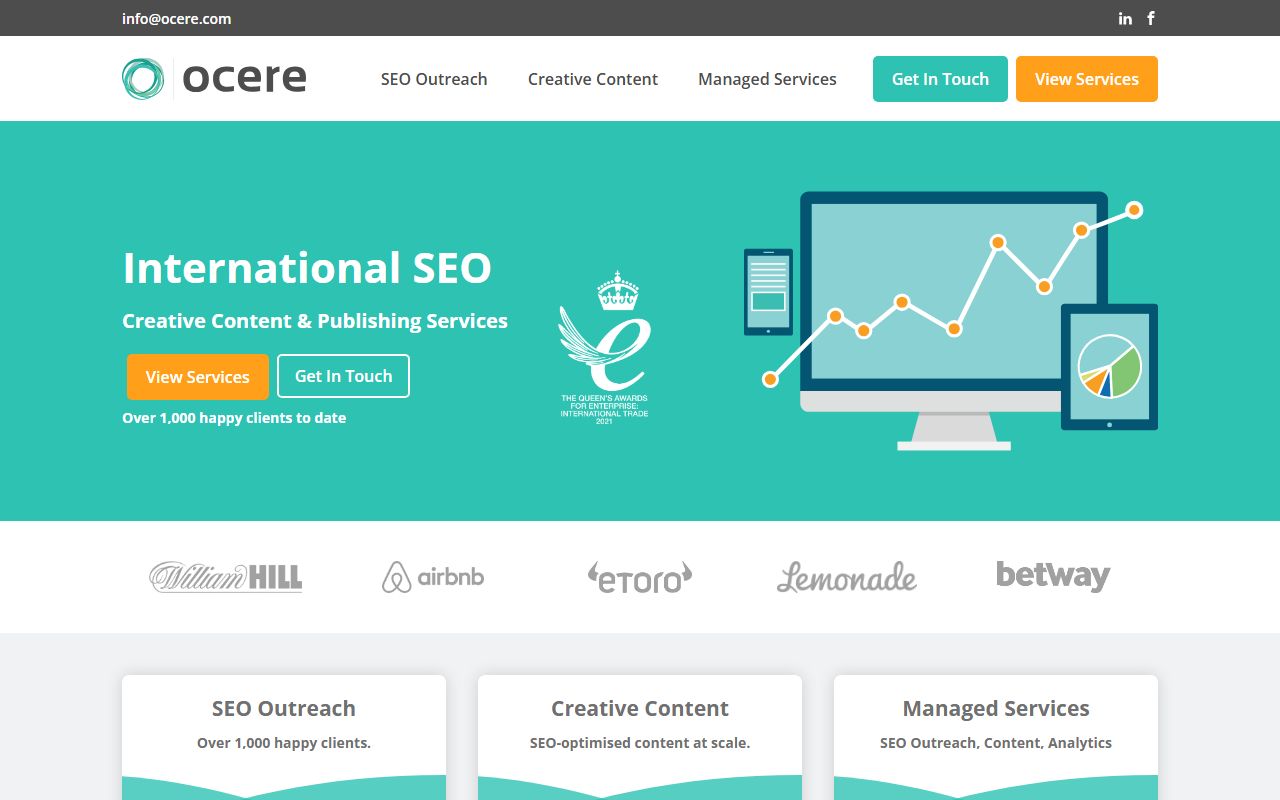 Screenshot of the Link Building Services website (ocere.com)