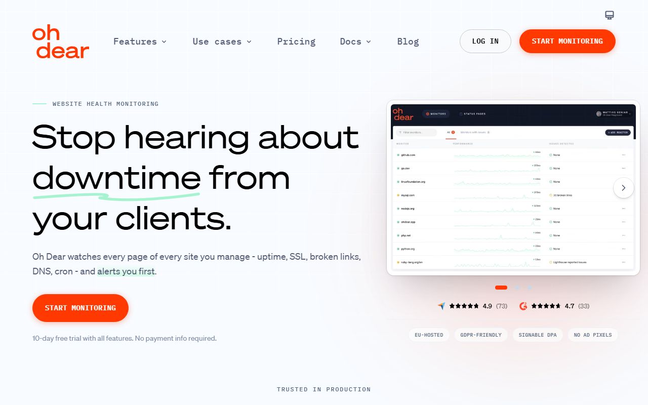 Screenshot of the Oh Dear website (ohdear.app)