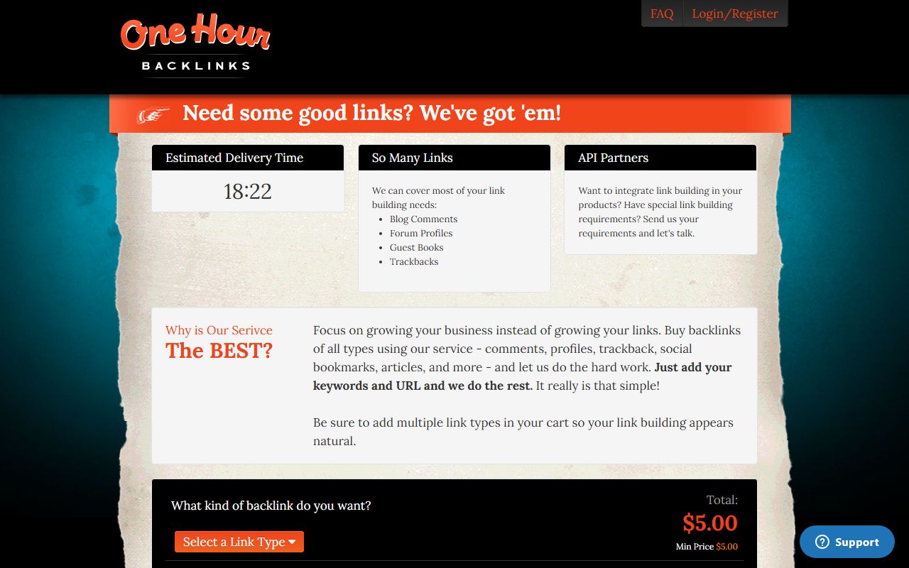 Screenshot of the One Hour Backlinks website (onehourbacklinks.co)