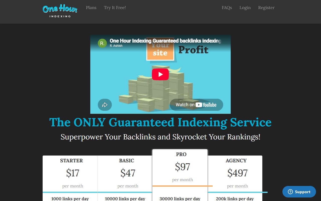 Screenshot of the One Hour Indexing website (onehourindexing.co)