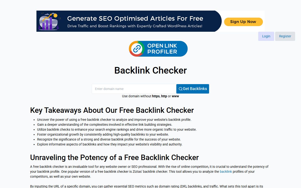 OpenLinkProfiler homepage: an “Open Link Profiler” logo above the headline “Backlink Checker”, a domain field with a “Get Backlinks” button, Login and Register buttons, and a banner ad for free SEO articles across the top