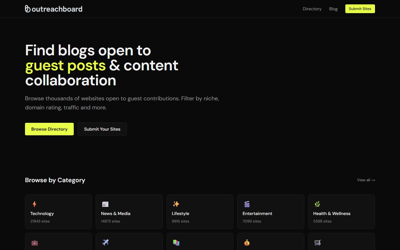 OutreachBoard homepage on a near-black background with the headline 'Find blogs open to guest posts & content collaboration' and category tiles