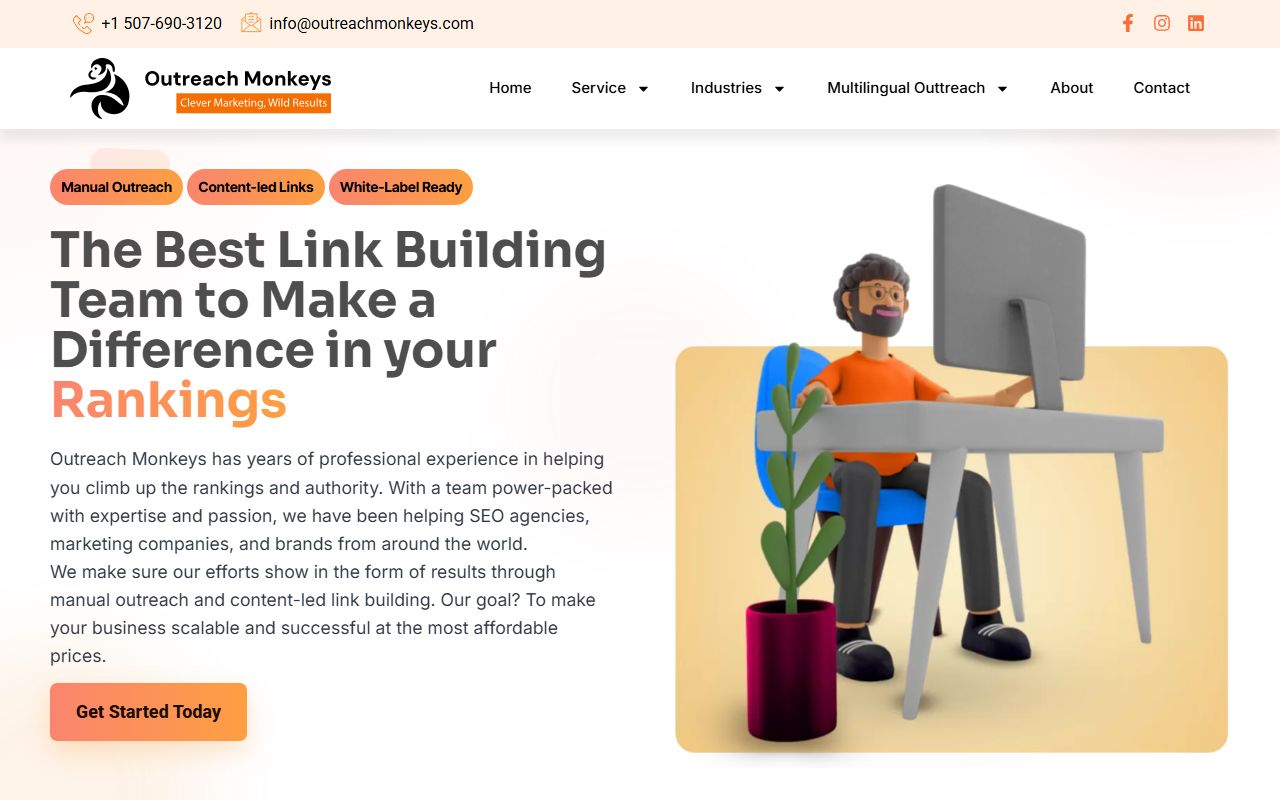 Outreach Monkeys homepage with three orange badges, the headline about the best link building team, a 3D illustration of a man at a desk, and a Get Started Today button