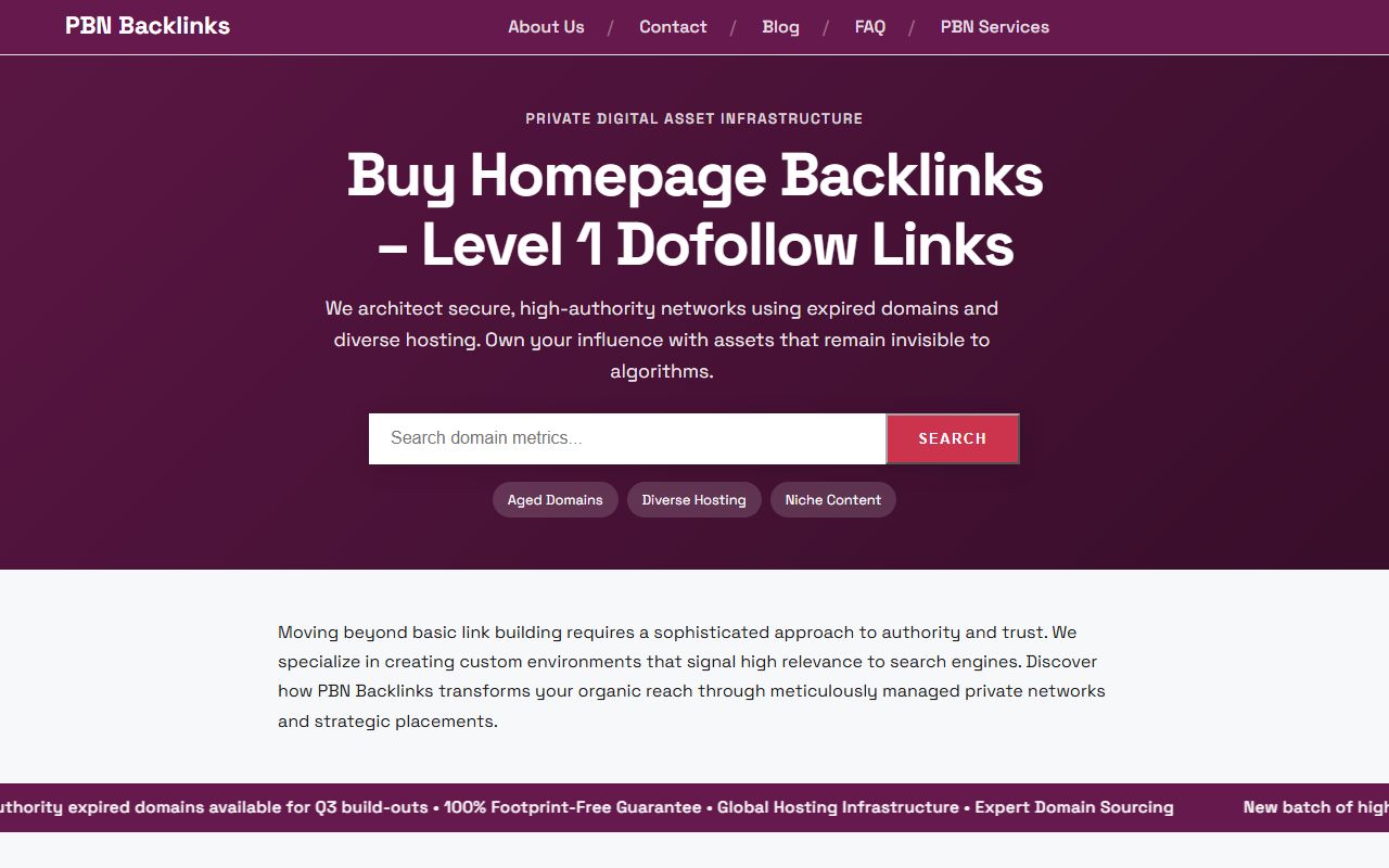 Homepage of PBN Backlinks on a dark plum background with the headline Buy Homepage Backlinks, Level 1 Dofollow Links, and a search box labelled Search domain metrics