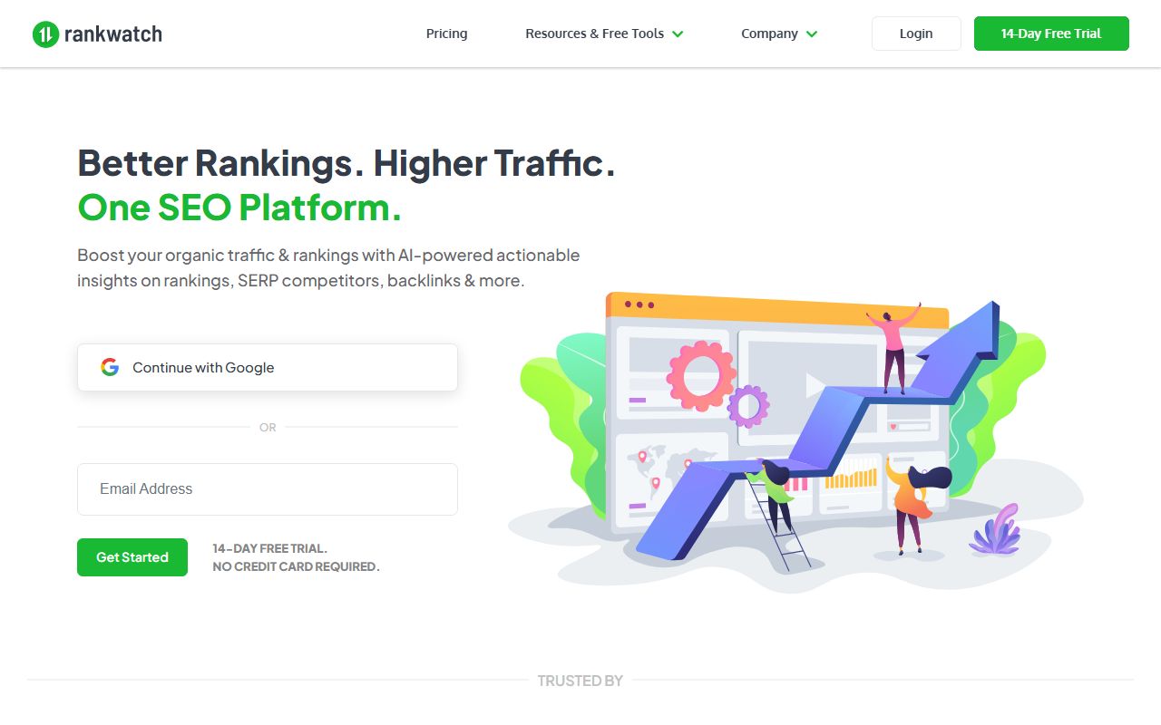 Screenshot of the Online Rank Tracker website (rankwatch.com)