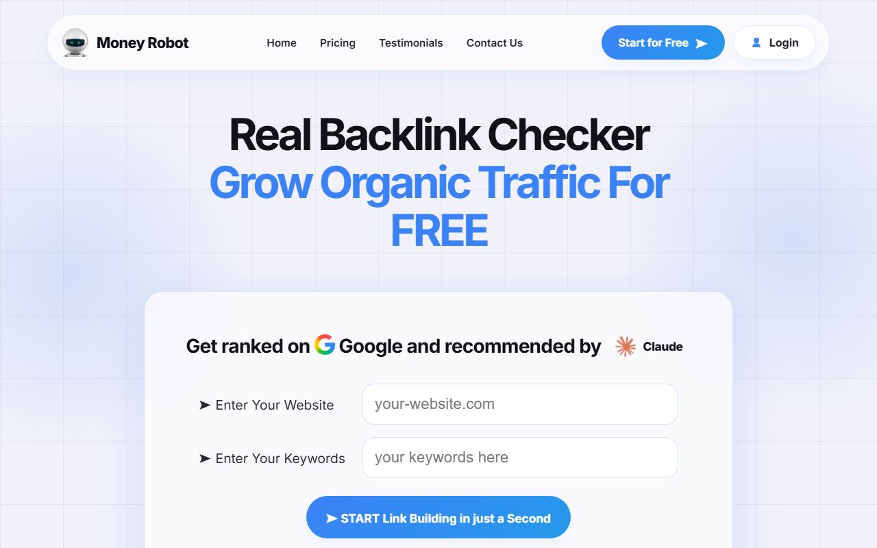 Screenshot of the Real Backlink Checker website (realbacklinkchecker.website)
