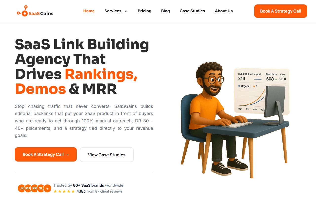 Homepage of SaaS Gains: headline about SaaS link building, orange Book A Strategy Call button, trust row with avatar initials and a brand-count line, and a cartoon of a man at a desk.