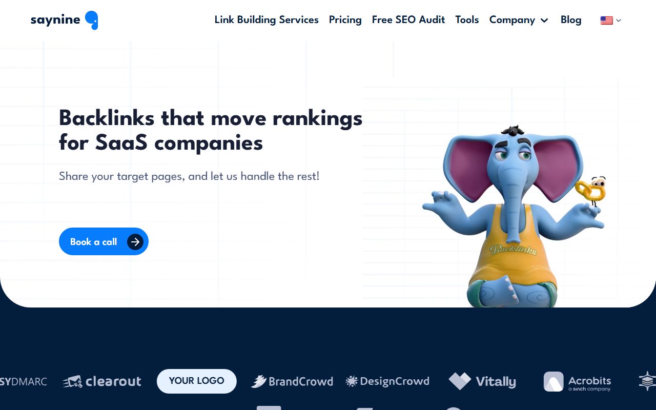 SayNine homepage: headline 'Backlinks that move rankings for SaaS companies', a Book a call button and a blue cartoon elephant in meditation pose