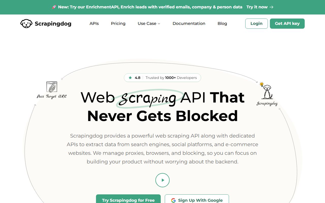 Screenshot of the Scrapingdog website (scrapingdog.com)